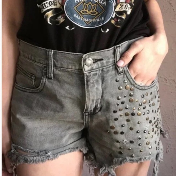 Free People Pants - FREE PEOPLE Golden Hippie Studded Cutoff Jean Shorts Gray Raw Hem Distressed 27